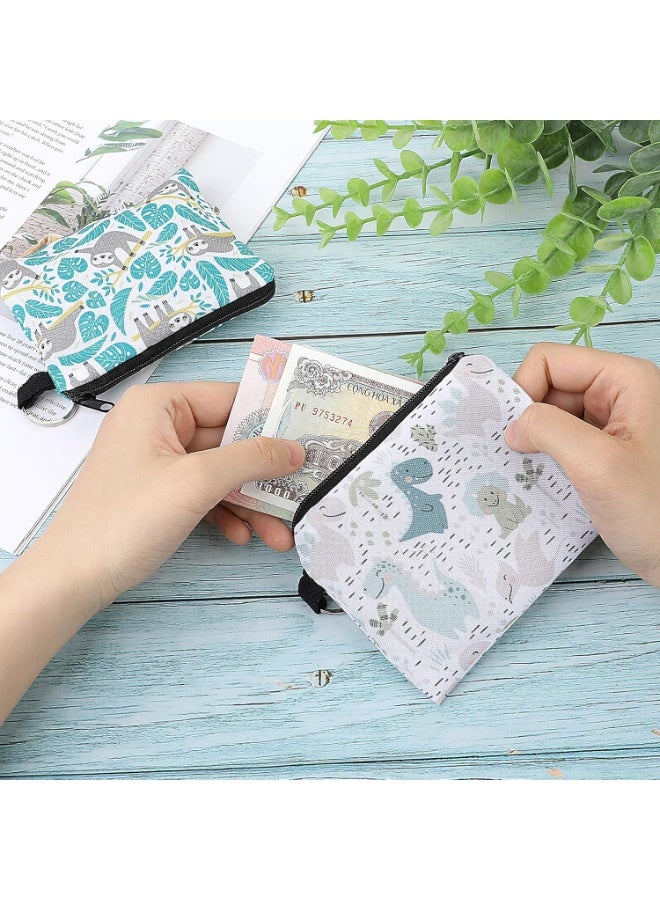 CLENEA 2 Pcs Coin Purse for Women, Sloth Dinosaur Change Bag, Small Cartoon Printing Canvas Purse, Coin Bag Organiser Purse, Key Ring Wallet, Cute Animal Coin Purse for Women - Image 4